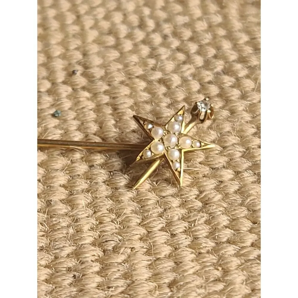 Antique Victorian 14K Gold Pearl & Diamond Starburst Stick Pin – Celestial Star - Picture 2 of 9